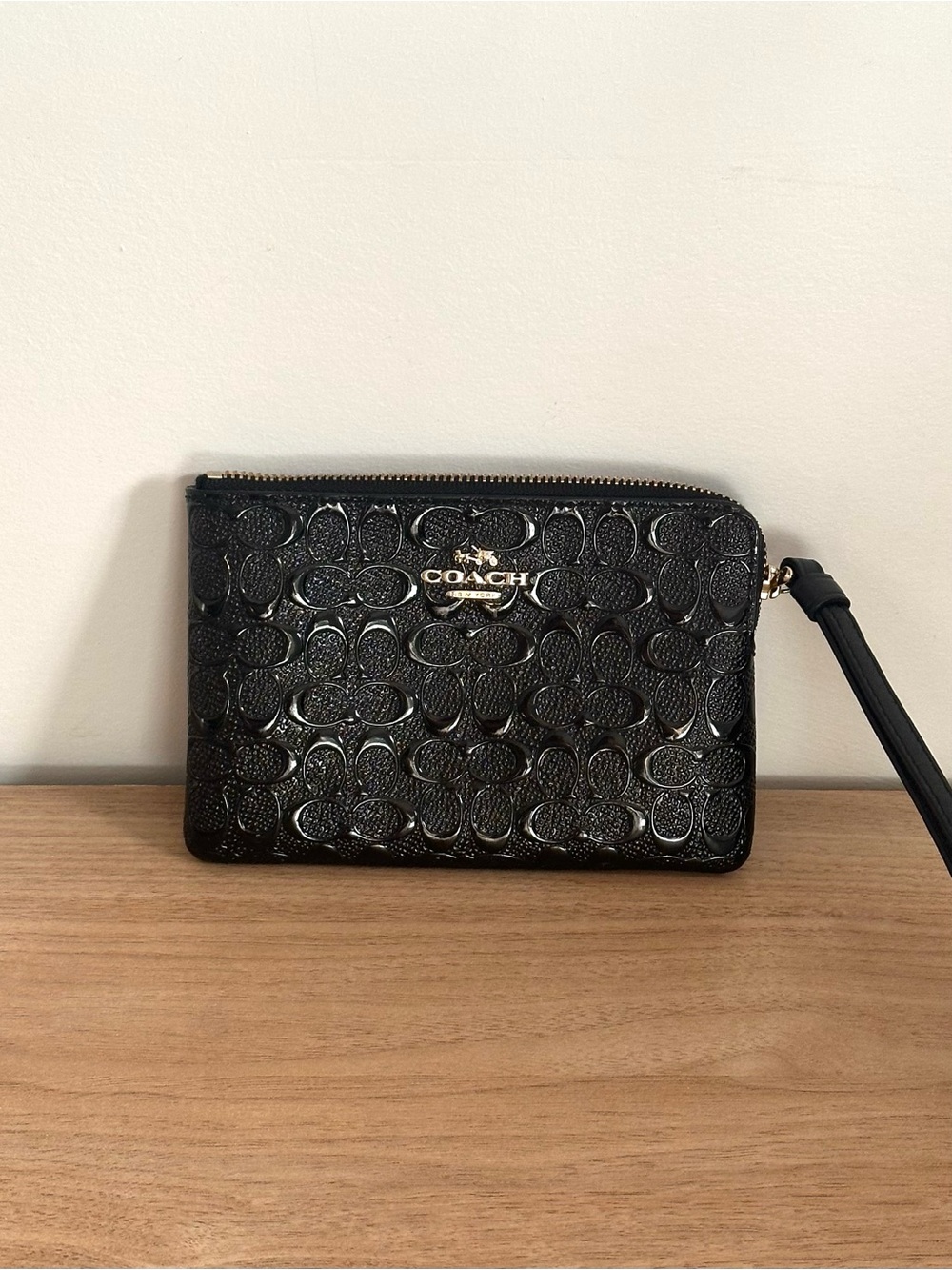 Coach Black Patent Signature Wristlet with Gold Hardware